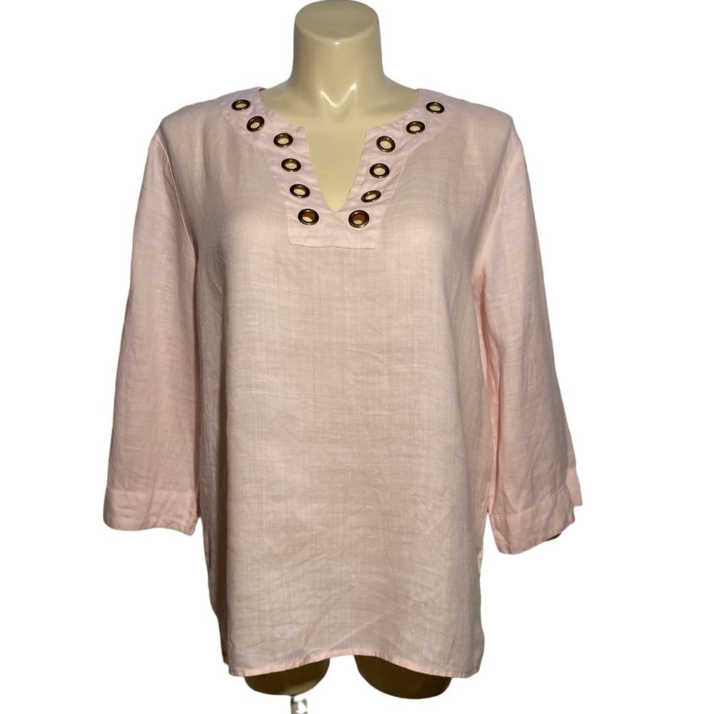 OSO Casuals XL Tunic Top Pale Brushed Pink Hi Low Long Sl Bronze Gold Grommets